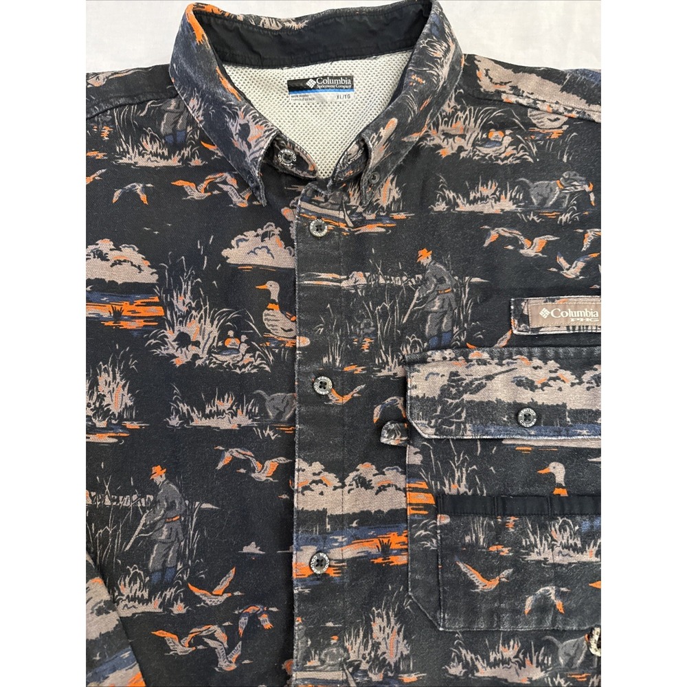 Columbia PFG Sharptail Flannel Shirt Men's Size XL Duck Hunt Print Black Outdoor